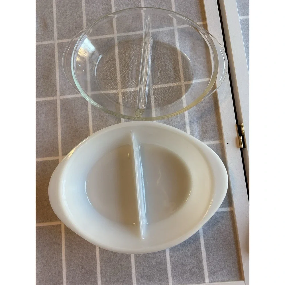 Vintage‎ Rare Large Glasbake Milk glass divided dish w Matching Divided Lid EUC